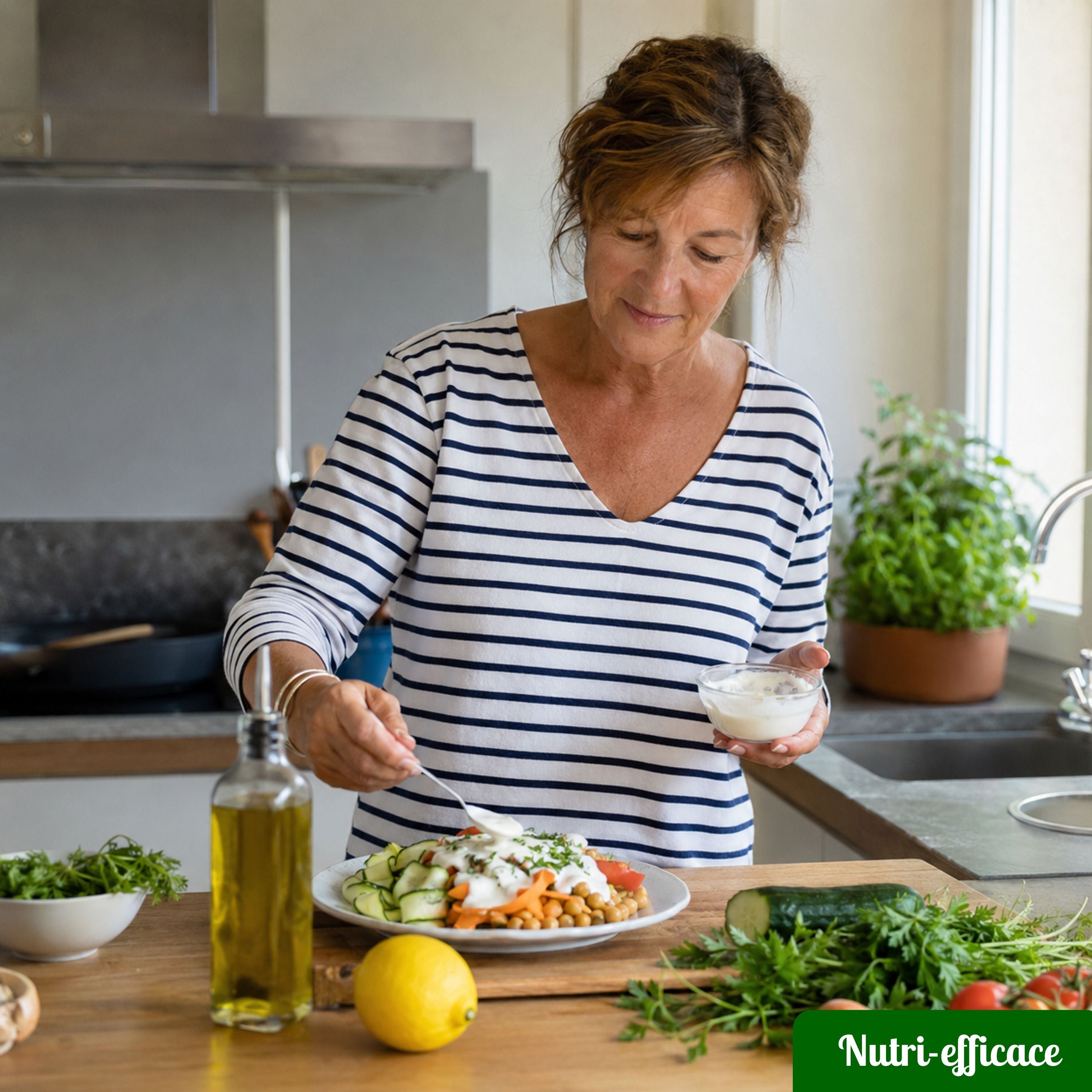 Femme préparant une assiette maison de légumes frais avec pois chiches, concombre, carottes, tomates, herbes, citron et sauce crémeuse au yaourt dans une cuisine lumineuse.