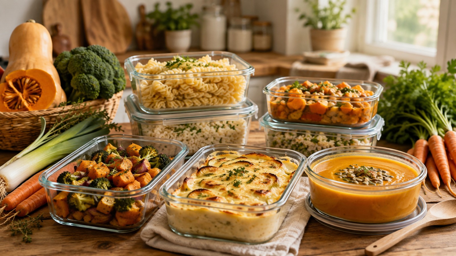 Courge butternut et plusieurs préparations maison avec légumes, soupe et accompagnements pour des repas faciles.