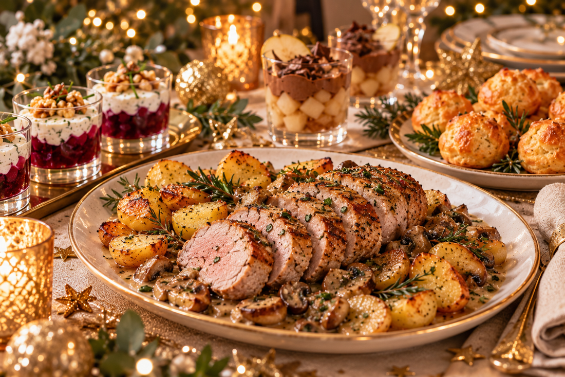 Recettes du Nouvel An 2026 avec filet mignon, pommes de terre rôties, verrines festives, gougères et dessert pour le réveillon