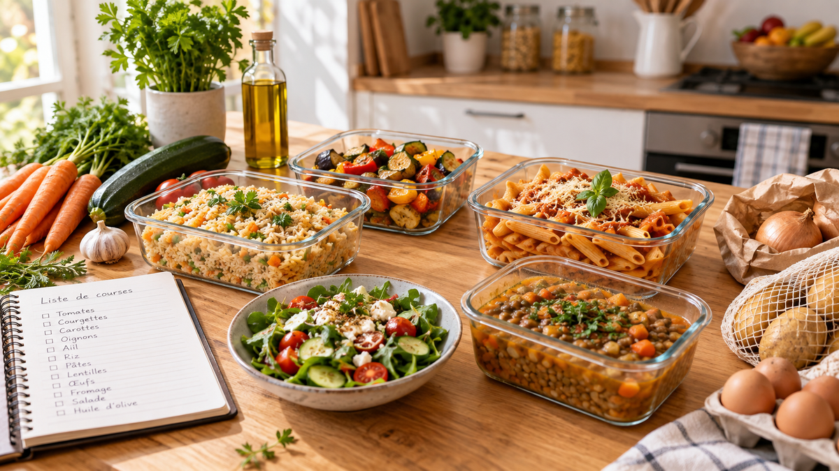 Plusieurs repas maison préparés à l’avance dans des boîtes en verre avec une liste de courses et des légumes sur une table en bois.