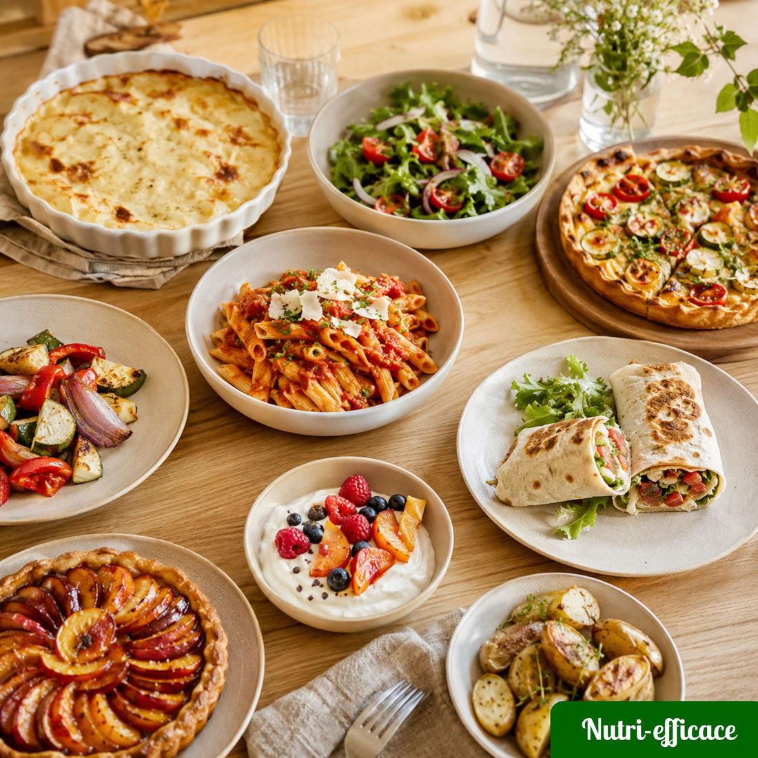 Découvrez 9 repas rapides pour le midi et le soir, prêts en 10, 15 ou 20 minutes : wraps, pâtes, salade, omelette et recettes faciles.