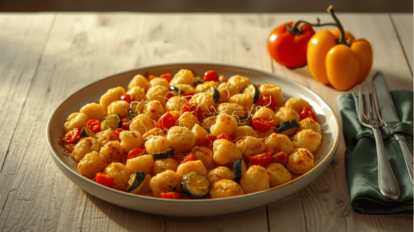 Plat familial chaud de septembre aux courgettes, tomates et poivrons servi sur une table en bois clair.
