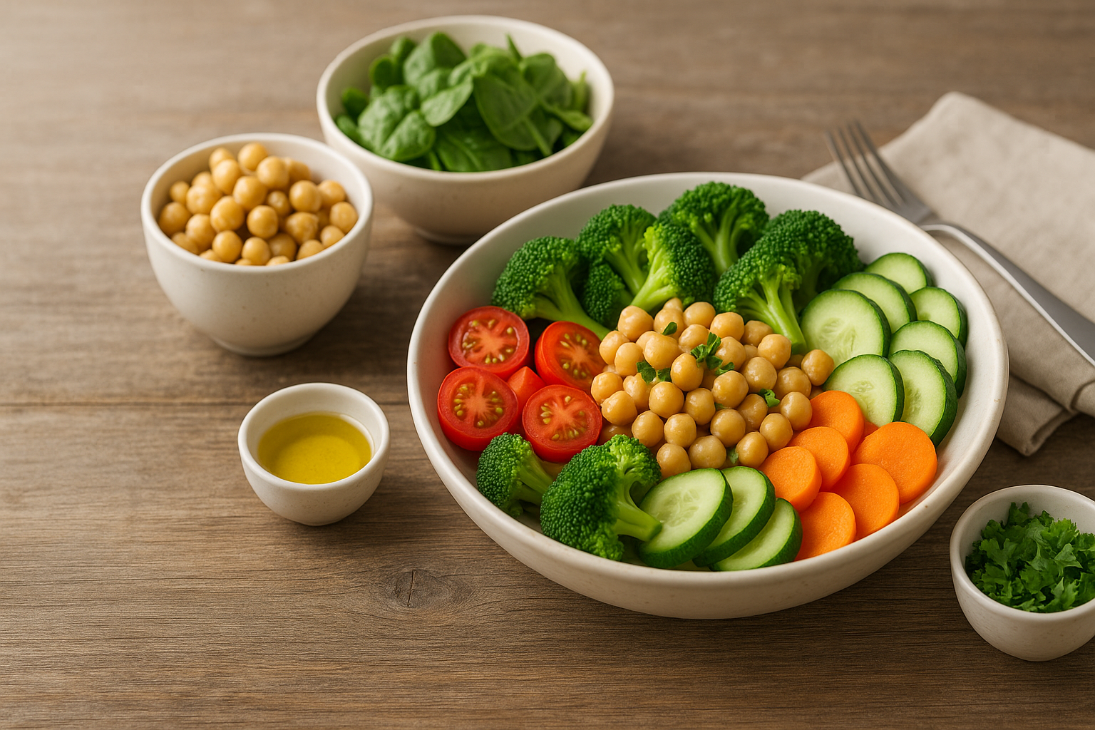 Plat équilibré et économique avec légumes frais et ingrédients simples sur table en bois clair