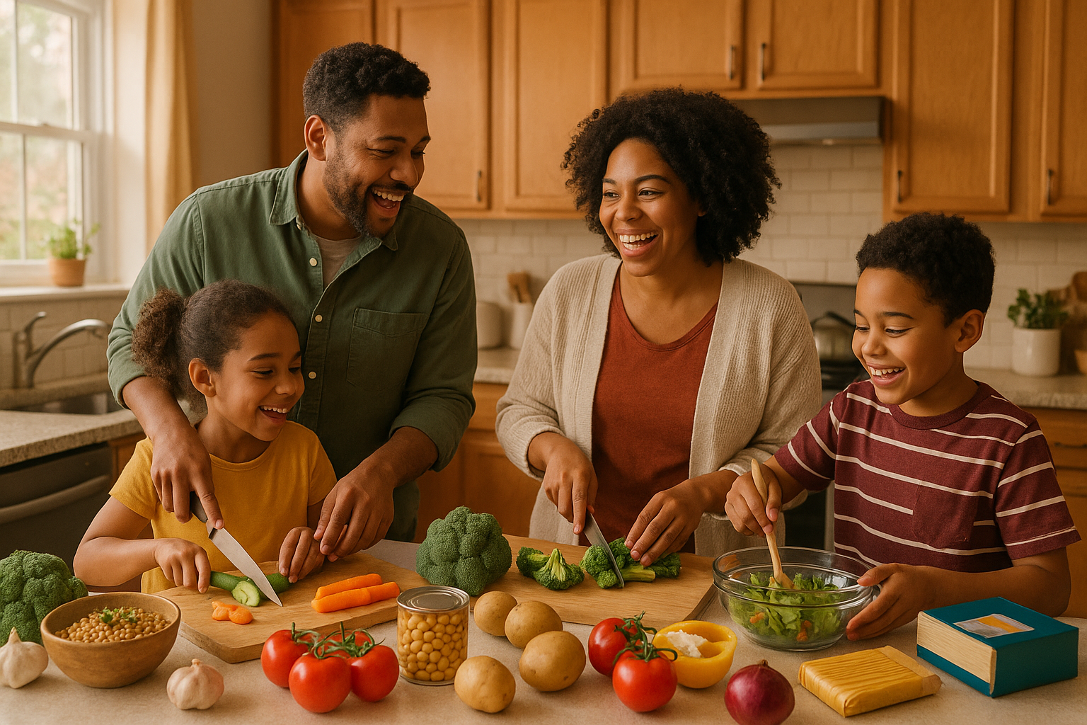 Une famille diverse préparant un repas ensemble, utilisant des ingrédients des packs de recettes économiques et équilibrées.