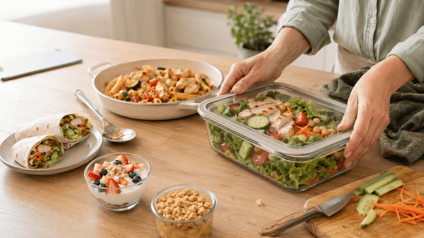 Pack de 200 recettes faciles et petit budget avec poulet rôti aux légumes, quiche maison et salade de pois chiches.