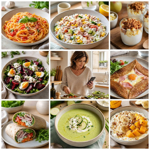 Montage de recettes express et petit budget avec pâtes tomate, bowl thon riz, verrines, salade de betterave, galette complète, wrap, velouté courgette et bowl fromage blanc mangue banane.