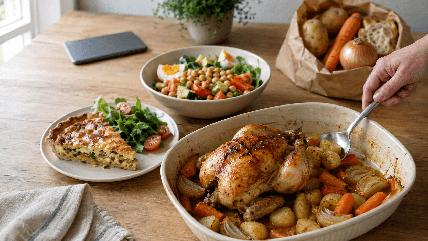 Pack de 350 recettes faciles pour le quotidien avec salade au poulet, wraps, pâtes aux légumes et desserts maison aux fruits.