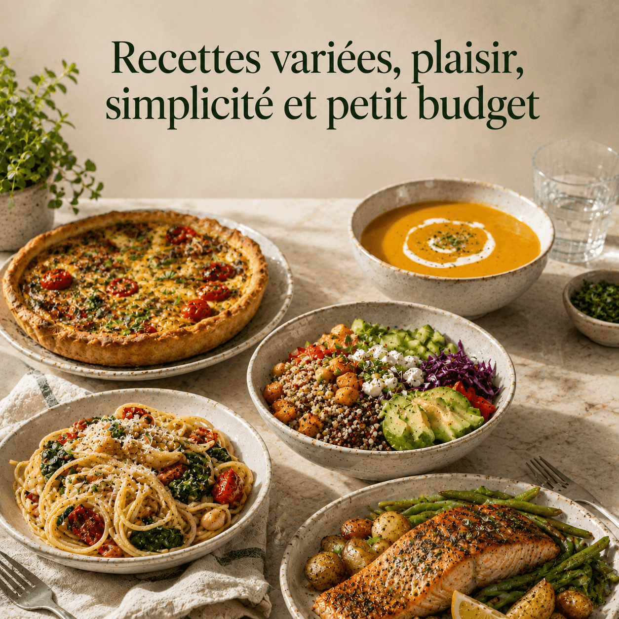 Plus de 500 recettes équilibrées et petit budget avec pâtes, salades composées, quiche, bowl végétarien et desserts maison.