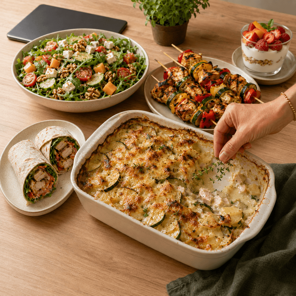 Sélection de recettes simples et variées avec gratin de courgettes au poulet, salade, wraps, brochettes de légumes et dessert.