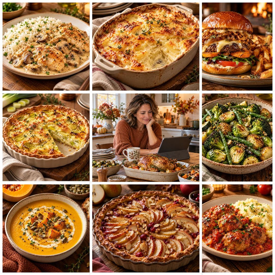 Sélection de recettes économiques et équilibrées Nutri-Efficace : gratin, burger, quiche, légumes rôtis, soupe, tarte aux fruits et boulettes maison