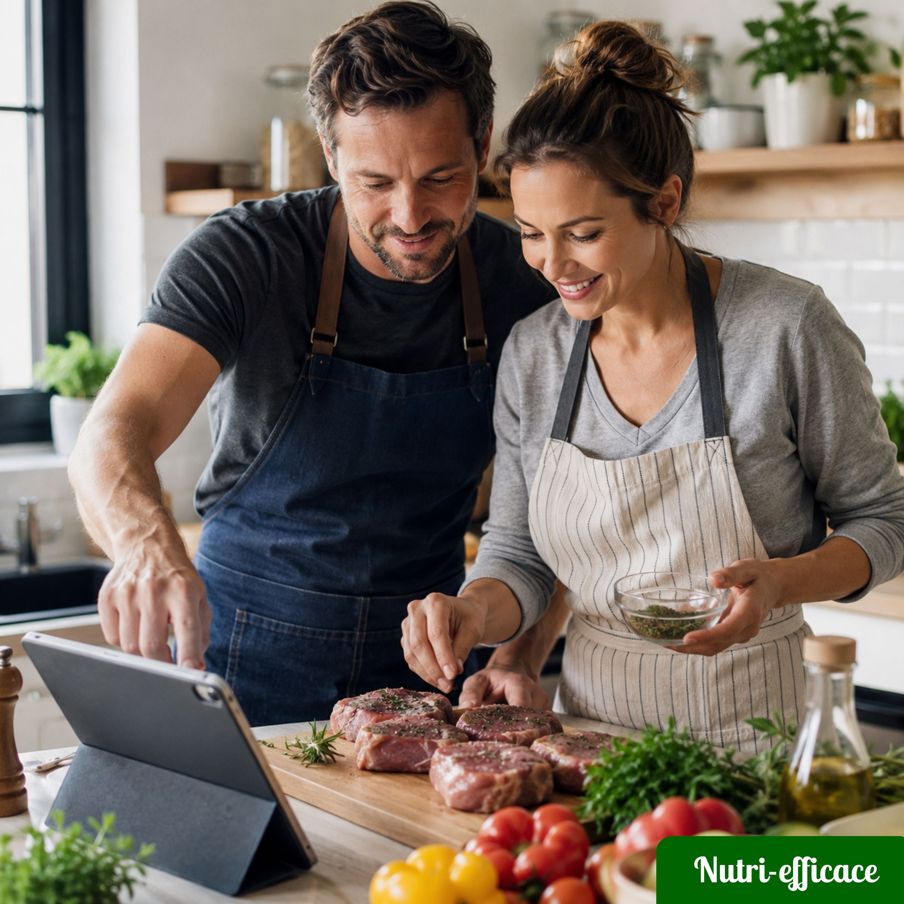 Couple en cuisine qui prépare de la viande pour barbecue en suivant une recette sur une tablette.
