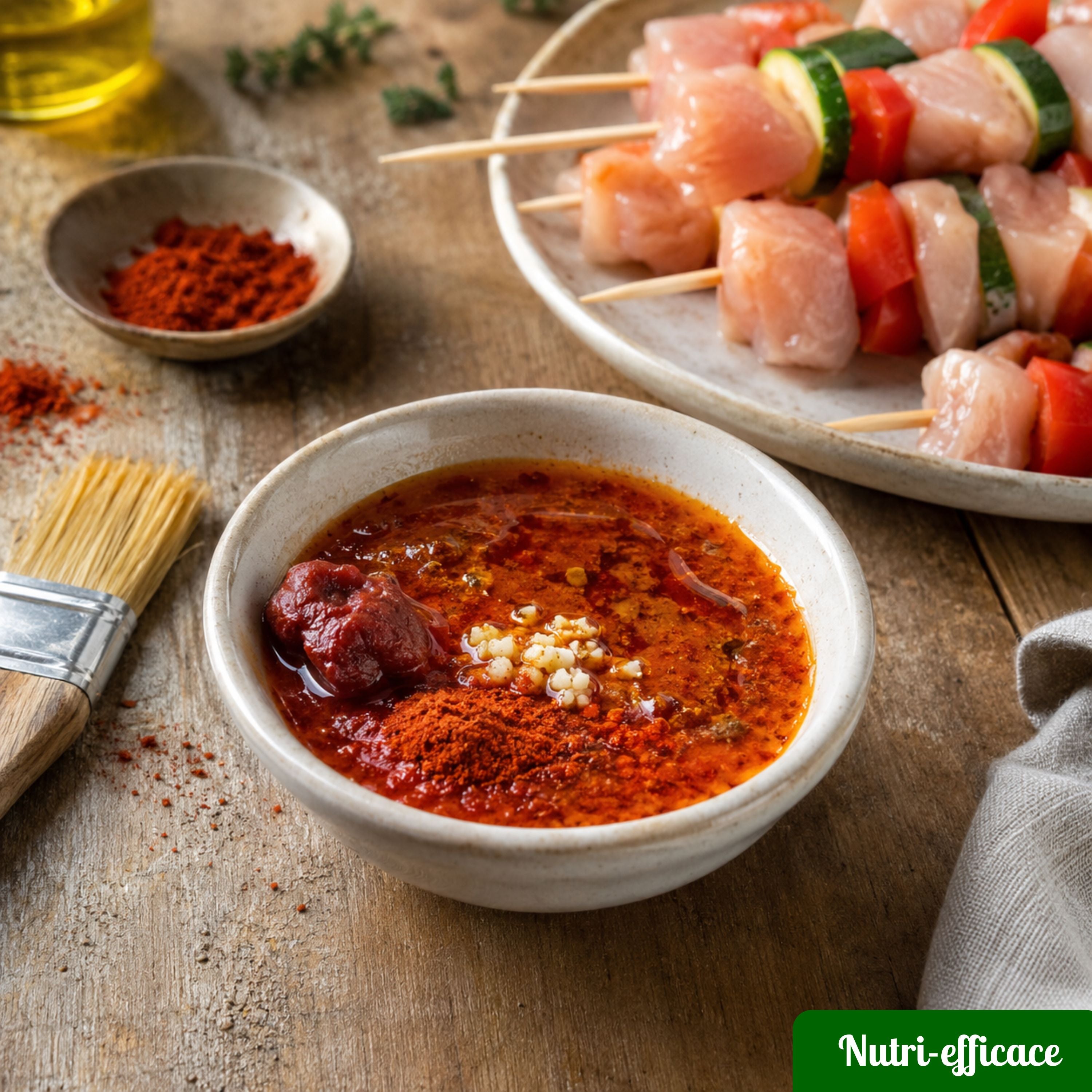 Marinade au paprika fumé dans un bol avec brochettes de poulet crues, courgettes et poivrons prêtes pour le barbecue.