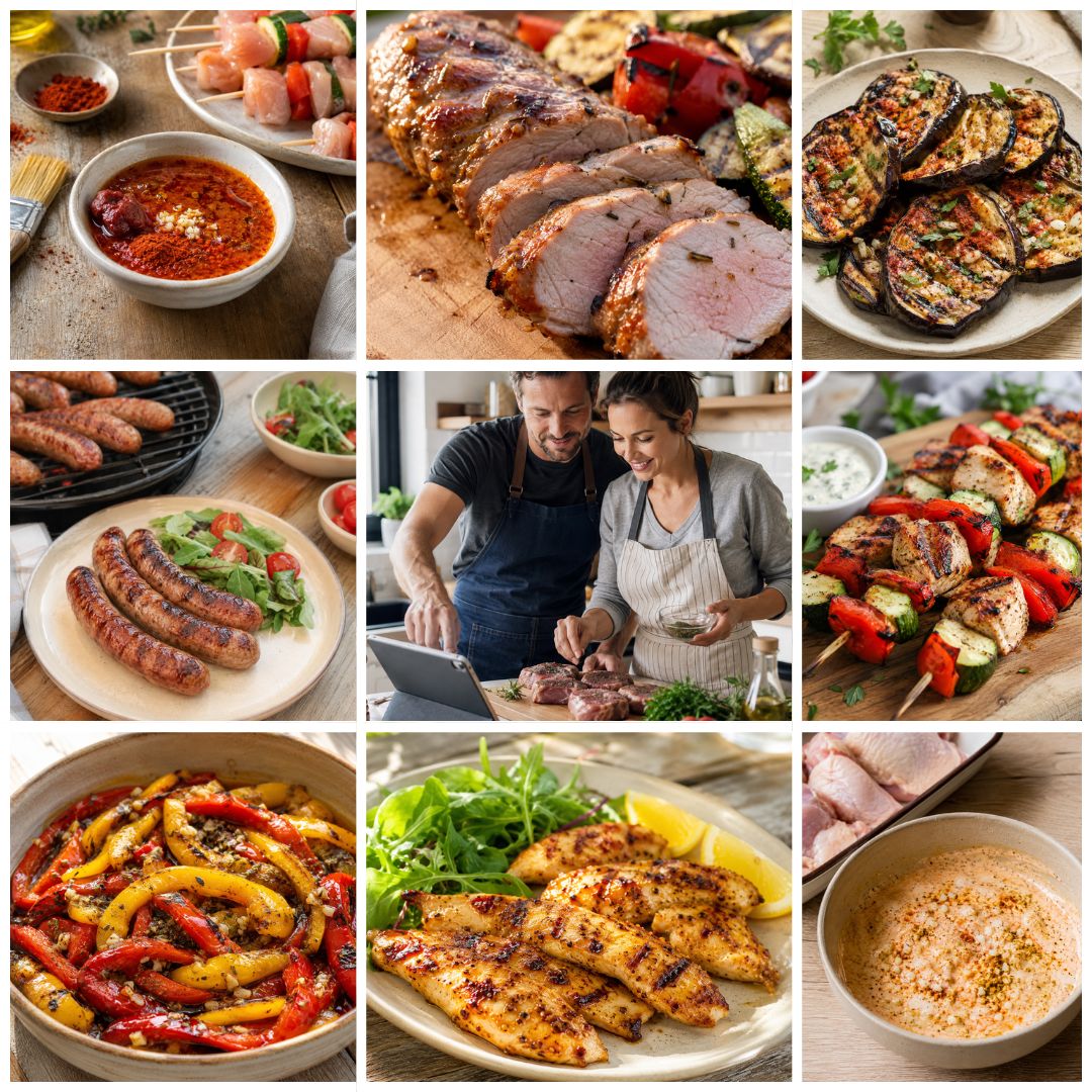 Visuel du pack 45 recettes barbecue économiques Nutri-Efficace avec filet mignon grillé, saucisses, brochettes, légumes grillés, marinade maison et sauce barbecue.