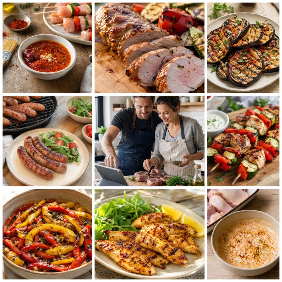 Visuel du pack 45 recettes barbecue économiques Nutri-Efficace avec filet mignon grillé, saucisses, brochettes, légumes grillés, marinade maison et sauce barbecue.