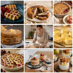 Visuel du pack recettes desserts faciles et économiques Nutri-Efficace avec gaufres, cake marbré, crumble, crêpes, flans vanille, clafoutis aux cerises, pancakes et verrines fromage blanc pomme crumble.