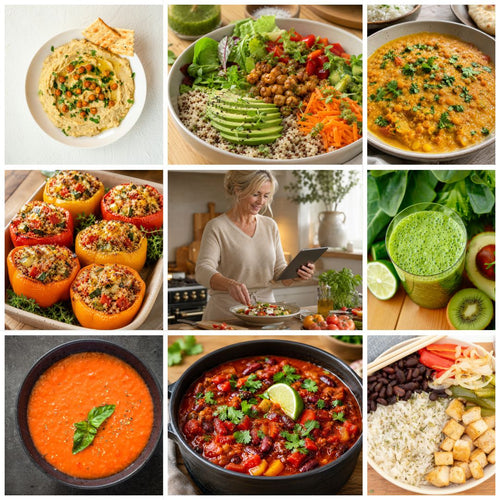Visuel du pack recettes véganes faciles et économiques Nutri-Efficace avec houmous, bowl végétal, curry de pois chiches, poivrons farcis, smoothie vert, soupe tomate, chili sin carne et assiette végétale au riz.