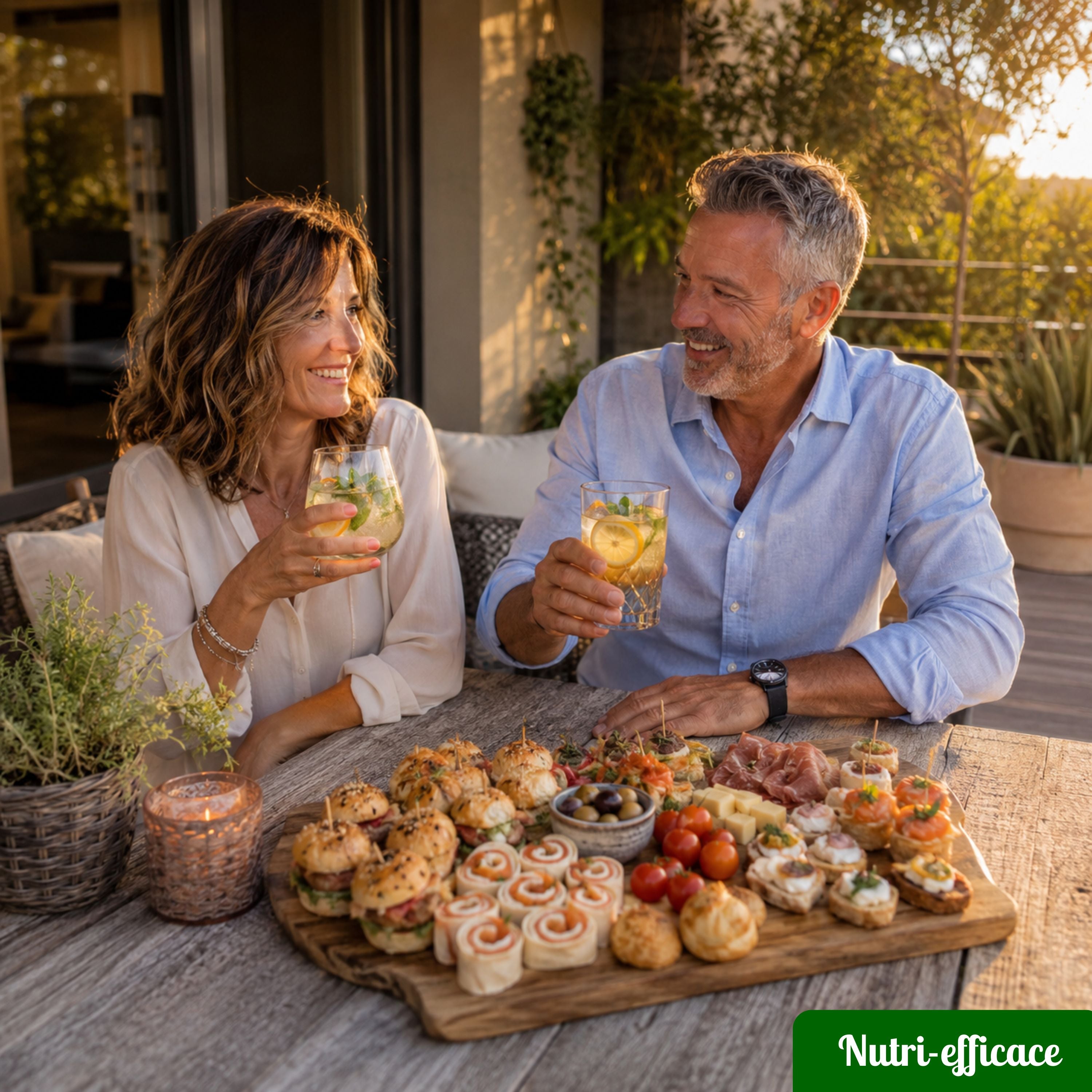 Couple partageant un apéritif convivial sur une terrasse avec cocktails maison, mini burgers, wraps, feuilletés et bouchées apéritives variées