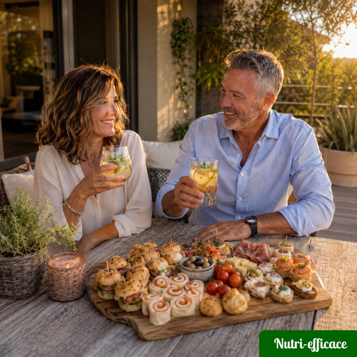 Couple partageant un apéritif convivial sur une terrasse avec cocktails maison, mini burgers, wraps, feuilletés et bouchées apéritives variées