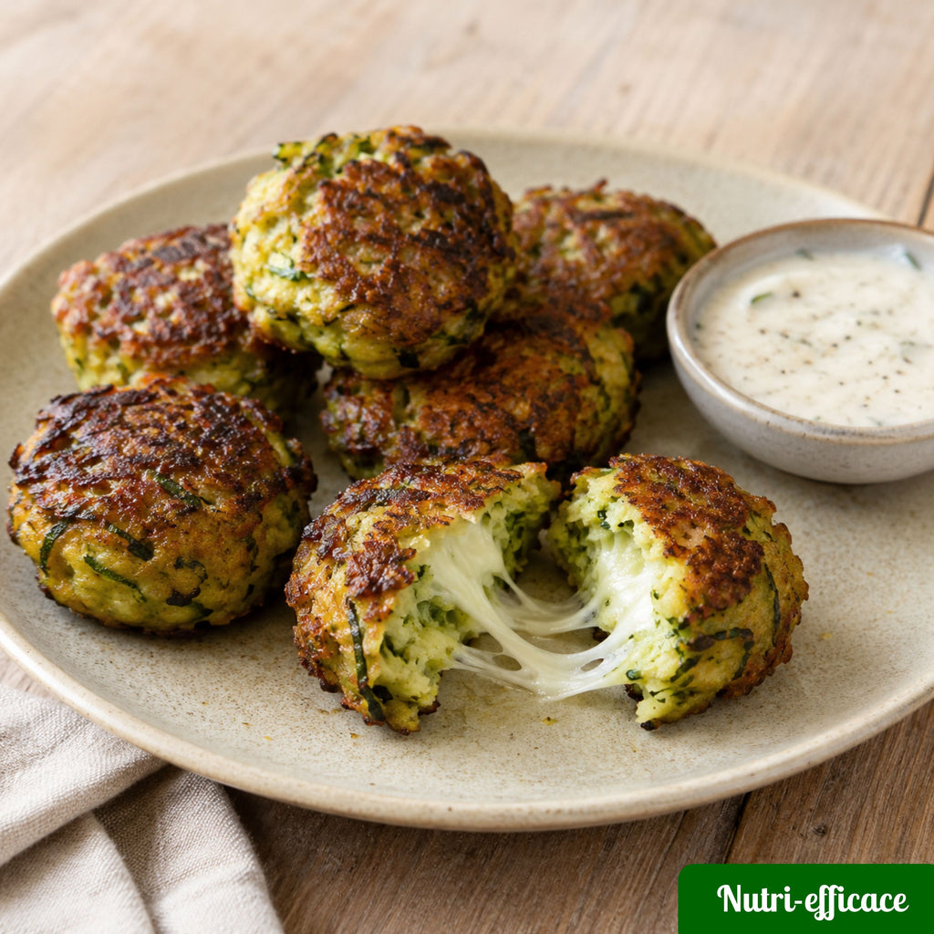 Des boulettes de courgettes croustillantes avec cœur fromage et sauce fraîche.