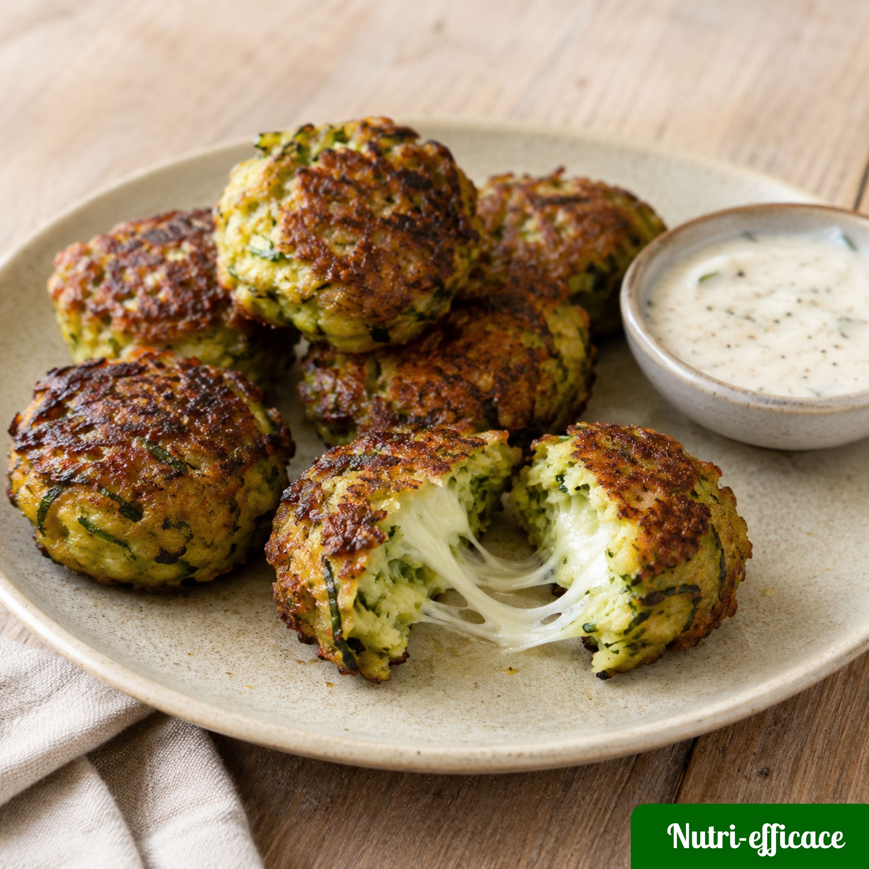 Des boulettes de courgettes croustillantes avec cœur fromage et sauce fraîche.