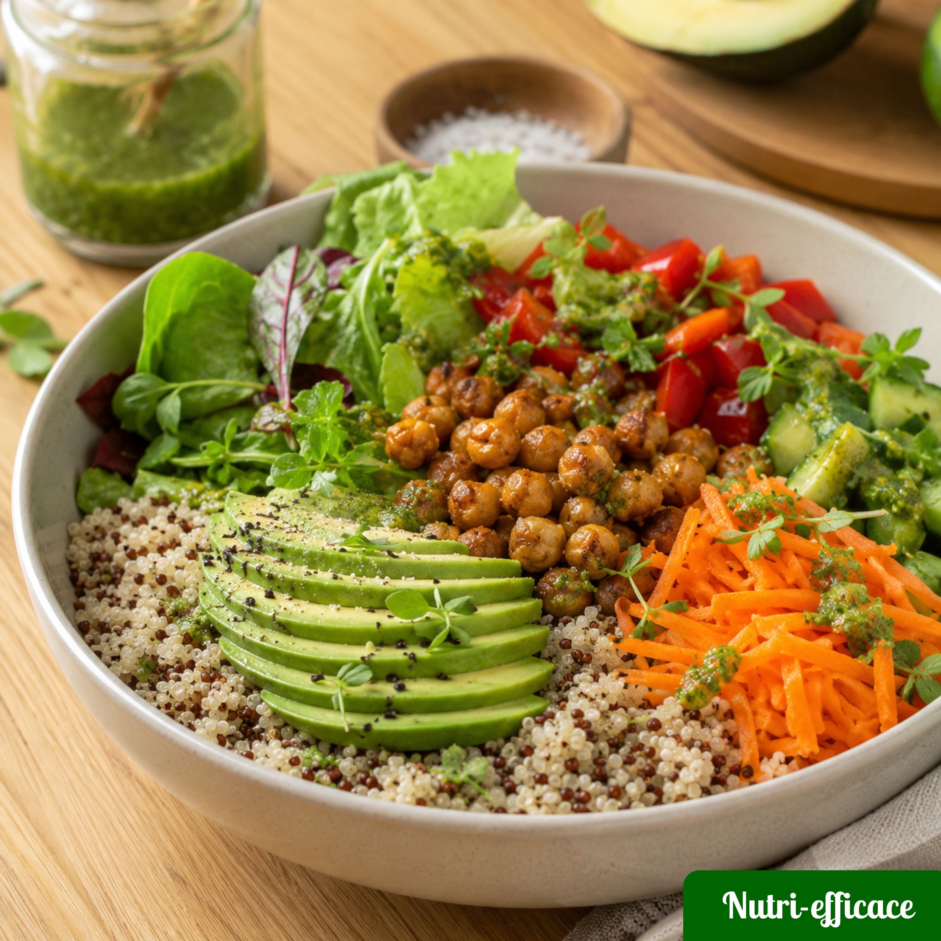 Bowl végane au quinoa, avocat, pois chiches rôtis, carottes râpées, tomates, concombre et sauce verte maison.