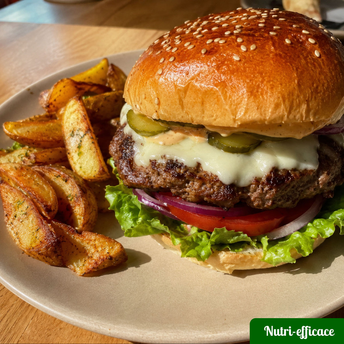 Burger maison avec steak, fromage, salade, tomate, oignon rouge, cornichons et pommes de terre rôties pour un repas familial