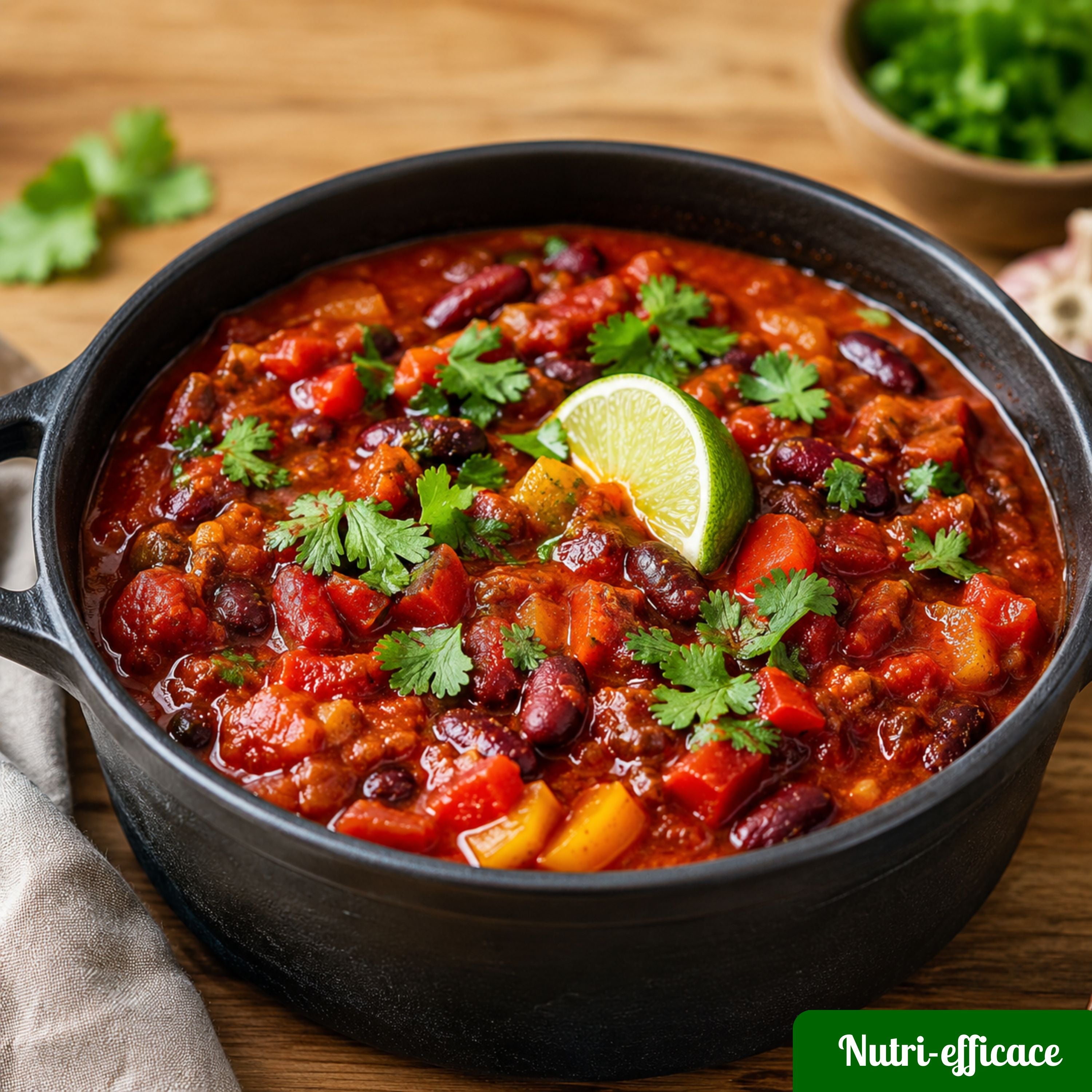 Chili sin carne végane aux haricots rouges, poivrons, tomates et coriandre, recette végétale facile, économique et rassasiante.