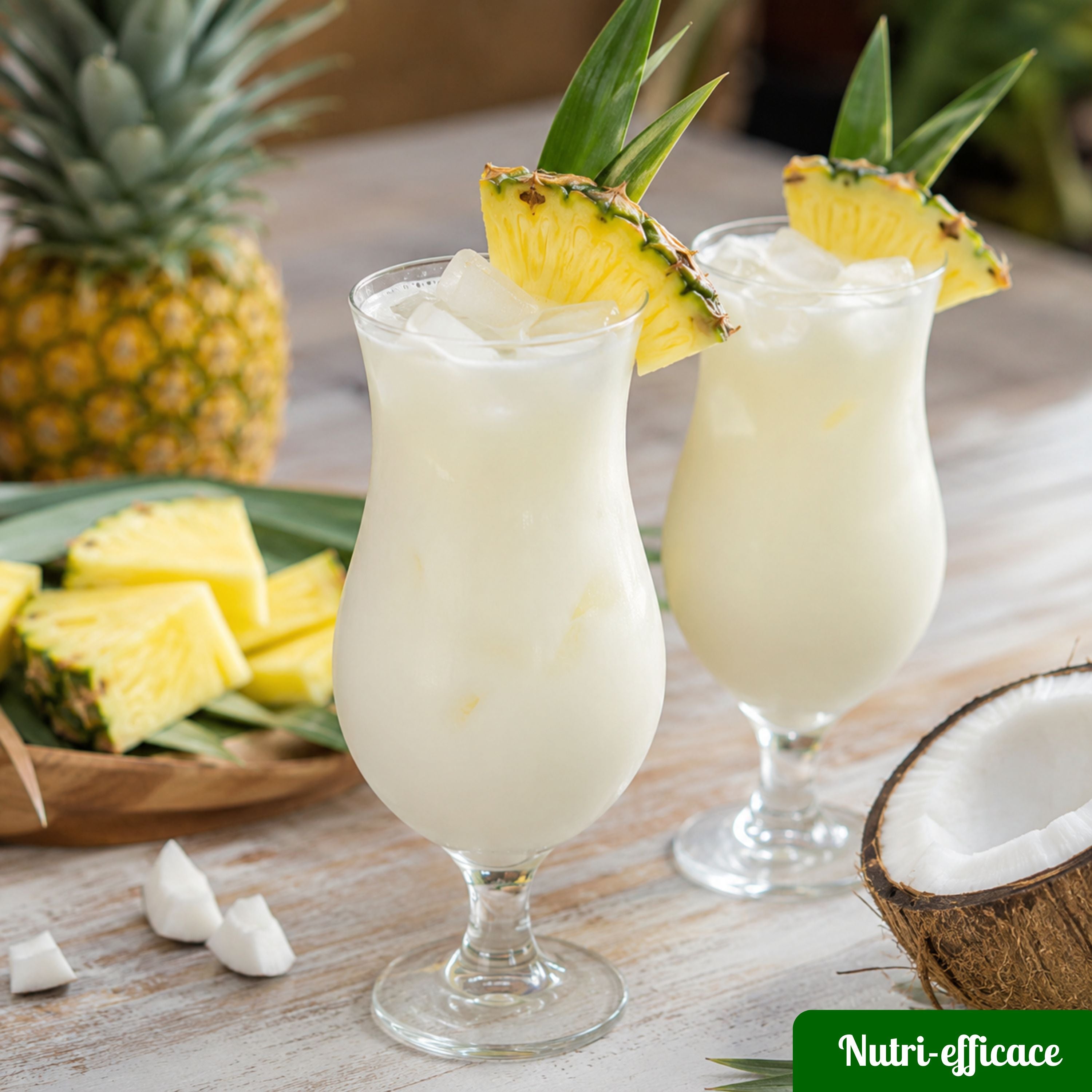 Deux verres de cocktail crémeux ananas coco servis avec glaçons et quartiers d’ananas, dans une ambiance tropicale.