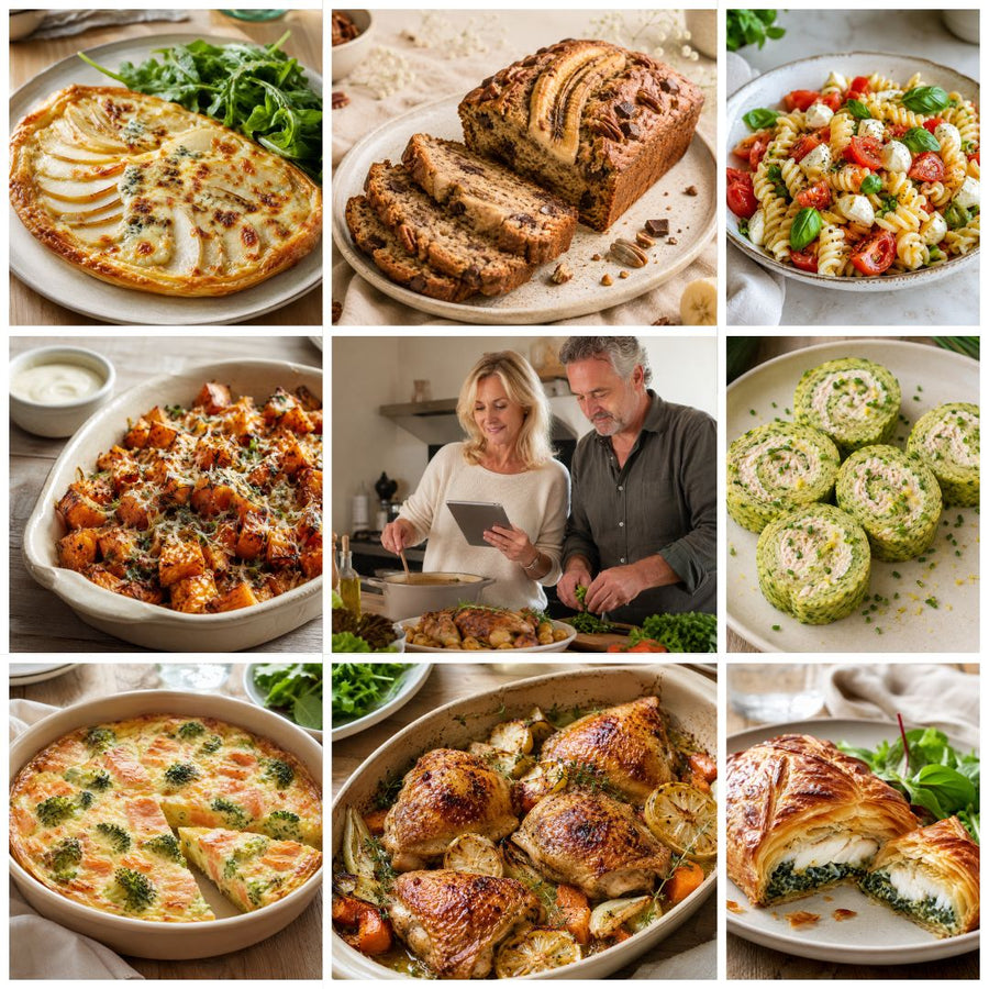 Collage de plusieurs recettes maison équilibrées Nutri-Efficace avec tartes, quiche, poulet rôti, roulés de courgette, salade de pâtes et légumes rôtis.