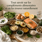 Guide sur les compléments alimentaires et leurs sources naturelles, illustré par une assiette équilibrée et différentes gélules.