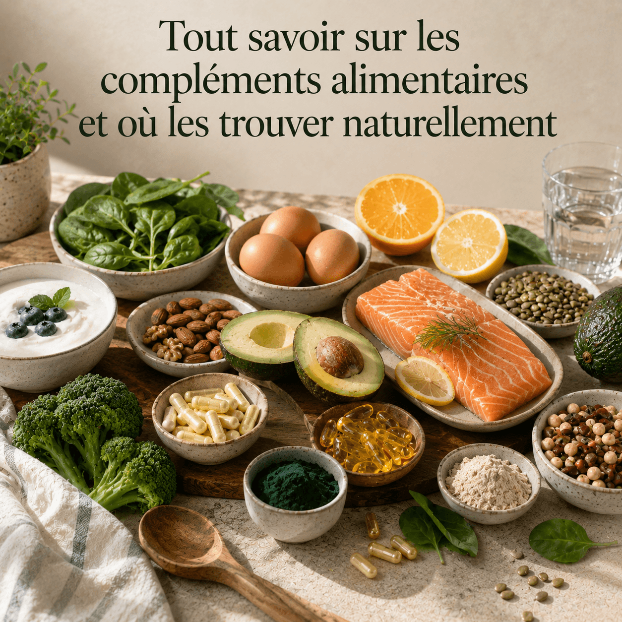Guide sur les compléments alimentaires et leurs sources naturelles, illustré par une assiette équilibrée et différentes gélules.