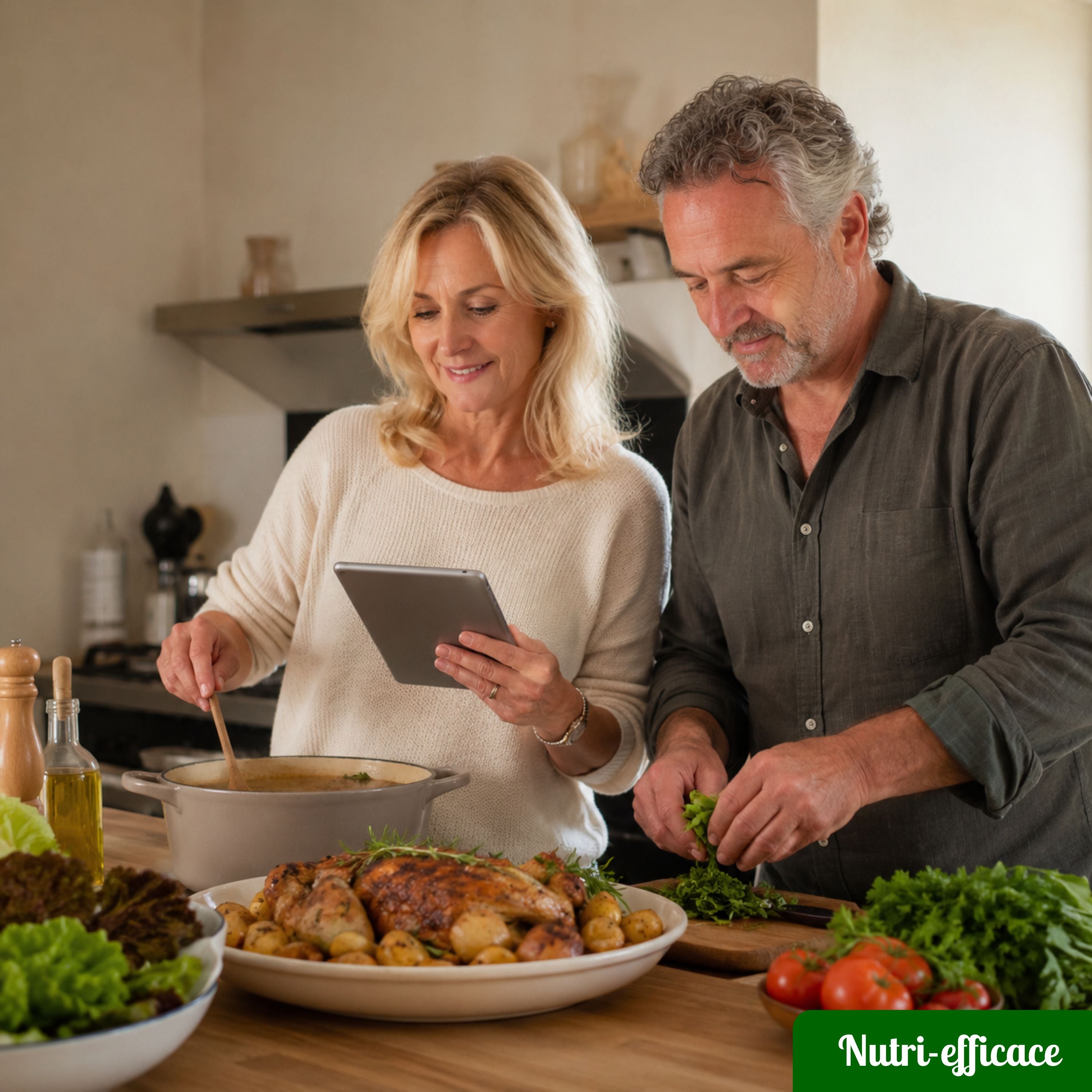 Couple en cuisine suivant une recette sur tablette avec poulet rôti, pommes de terre et légumes frais sur le plan de travail.