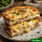 Croque-monsieur maison gratiné avec fromage fondant, jambon et pain doré servi sur une assiette.