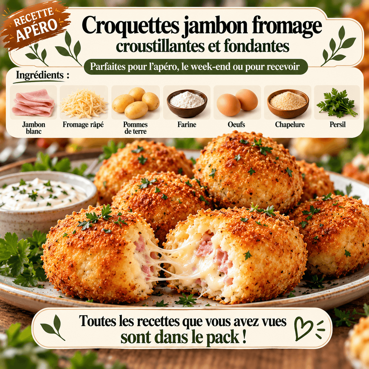 Croquettes dorées au jambon, pommes de terre et fromage fondant, recette apéritif maison à partager.