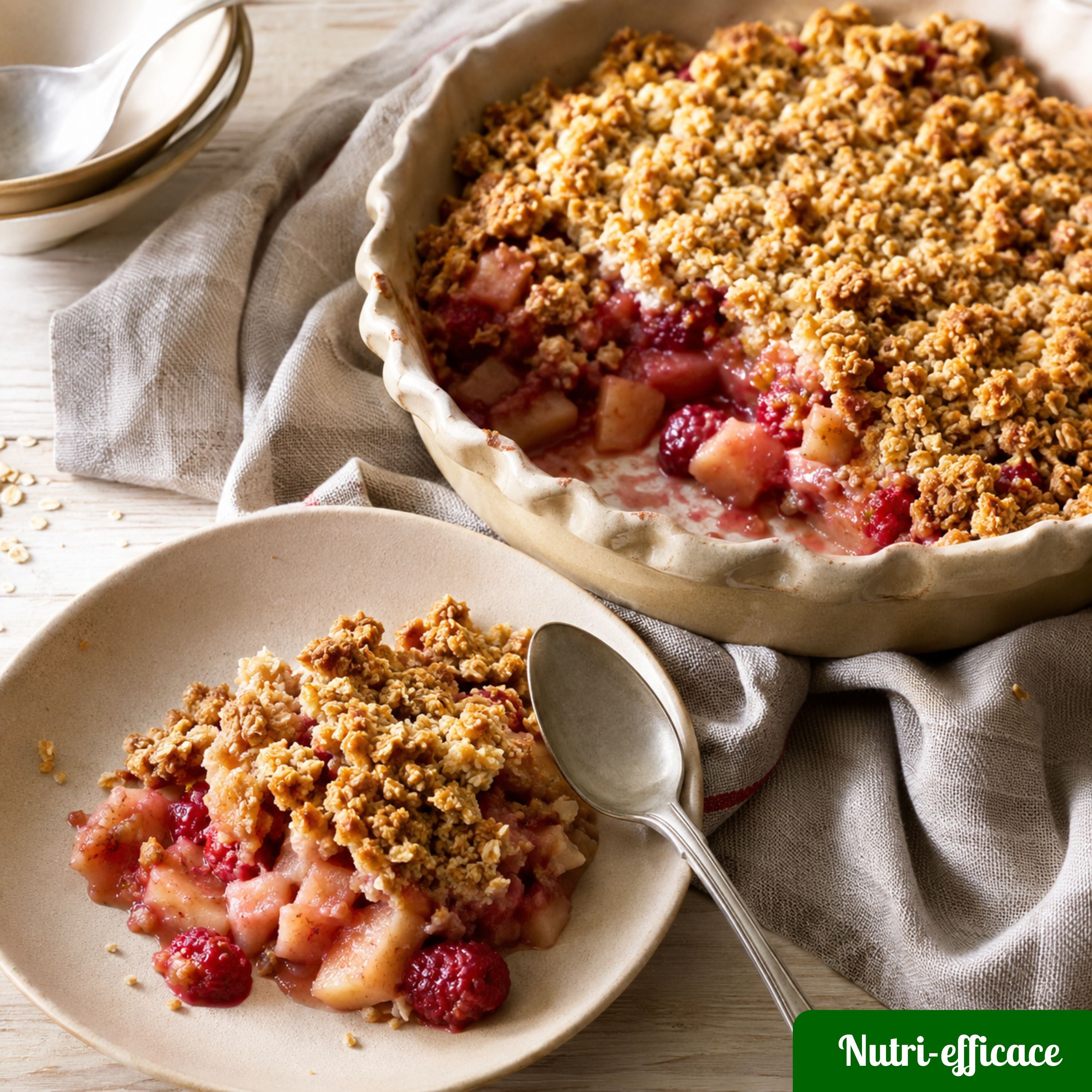 Crumble maison pomme framboise aux flocons d’avoine avec une portion servie dans une assiette pour un dessert familial