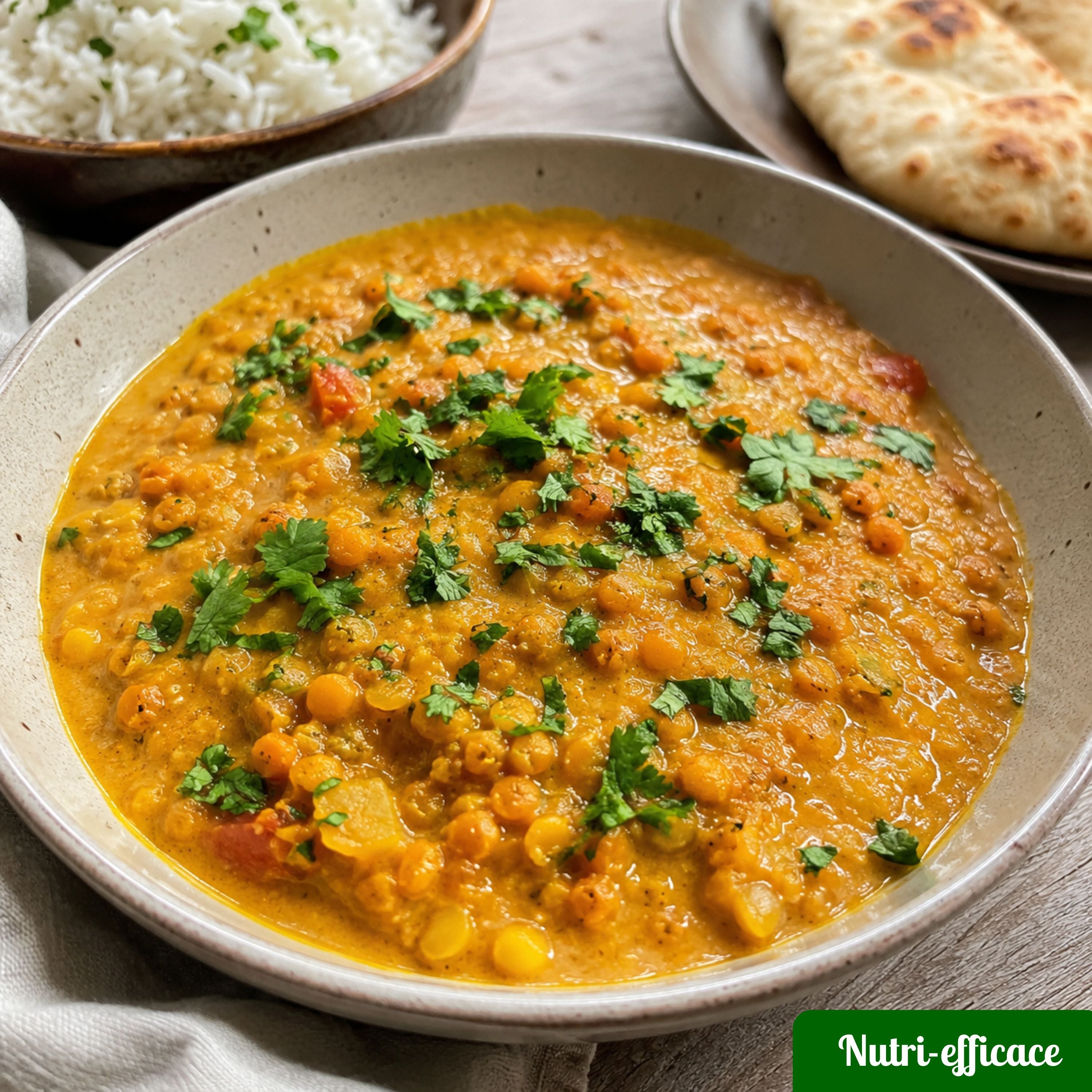 Curry végane de lentilles corail servi avec riz et pain naan, recette végétale crémeuse, économique et réconfortante.