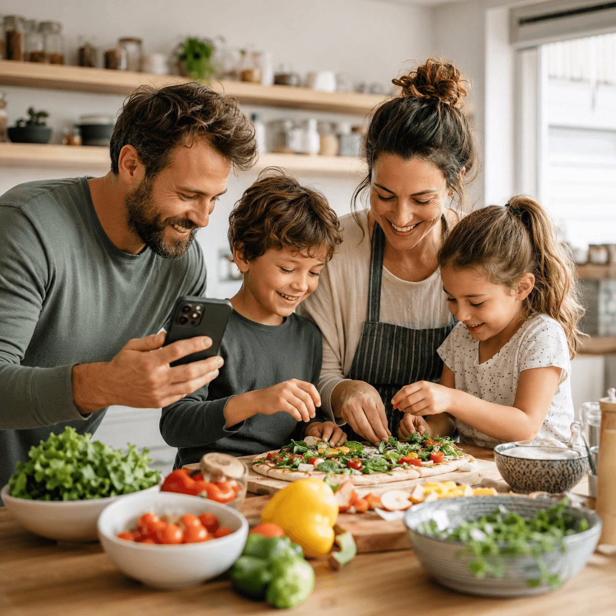 Famille souriante en train de cuisiner ensemble dans une cuisine lumineuse avec un smartphone pour suivre une recette maison simple, économique et équilibrée.