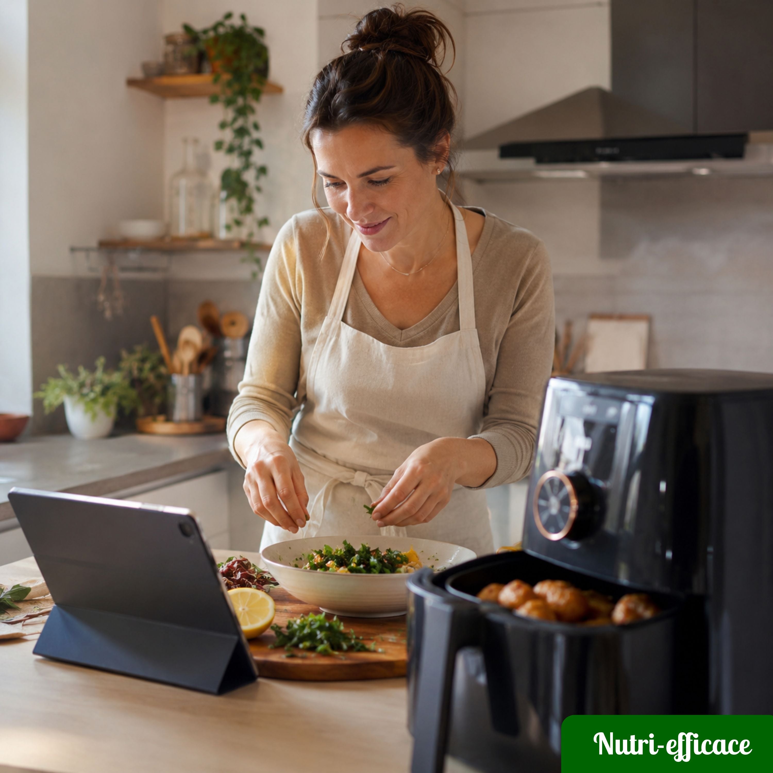 Femme préparant une recette air fryer dans une cuisine moderne avec tablette et friteuse sans huile, repas maison facile et rapide.