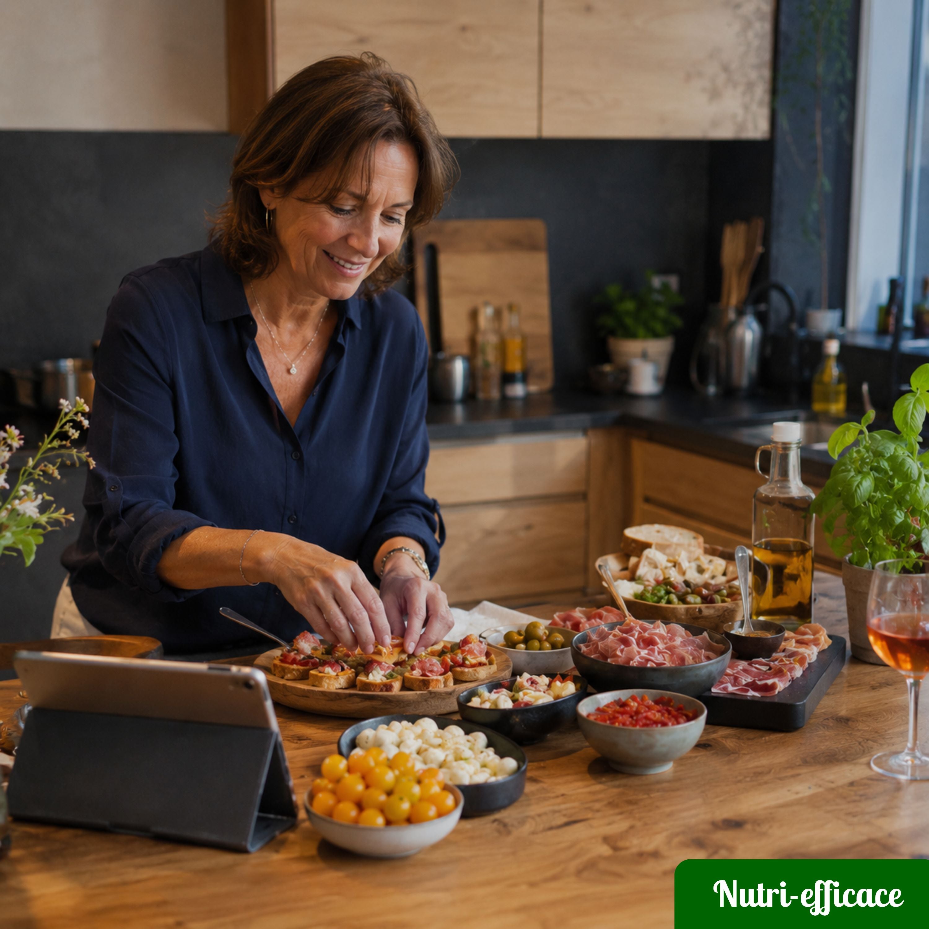 Femme préparant des bouchées apéritives dans une cuisine moderne, avec tablette, charcuterie, mozzarella, tomates cerises et cocktail orange.