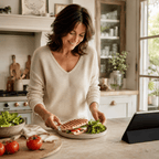 Femme préparant un panini maison avec salade, tomates et tablette à côté dans une cuisine lumineuse, pour une recette express économique et équilibrée.