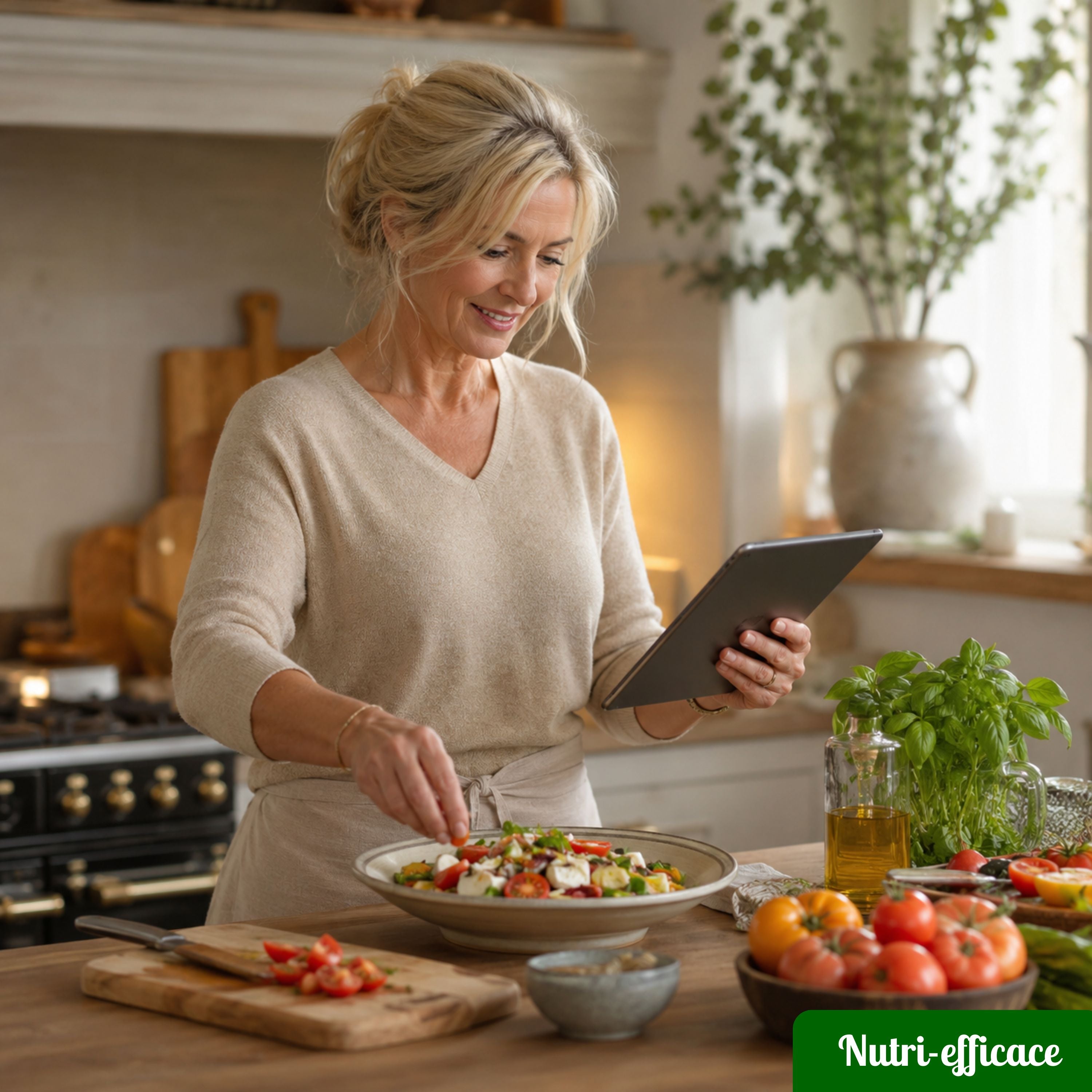 Femme blonde en cuisine utilisant une tablette tout en préparant une salade maison avec tomates et herbes fraîches.