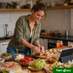 Jeune femme préparant des tartines apéritives dans une cuisine, avec une tablette posée sur le plan de travail et un cocktail orange à côté.