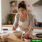Femme en cuisine préparant un dessert aux framboises en suivant une recette sur tablette, avec farine, œufs et fruits rouges sur le plan de travail.