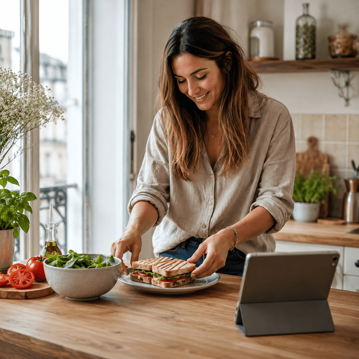 Femme préparant un panini maison avec une tablette posée à côté, dans une cuisine chaleureuse, pour un repas rapide, économique et gourmand.