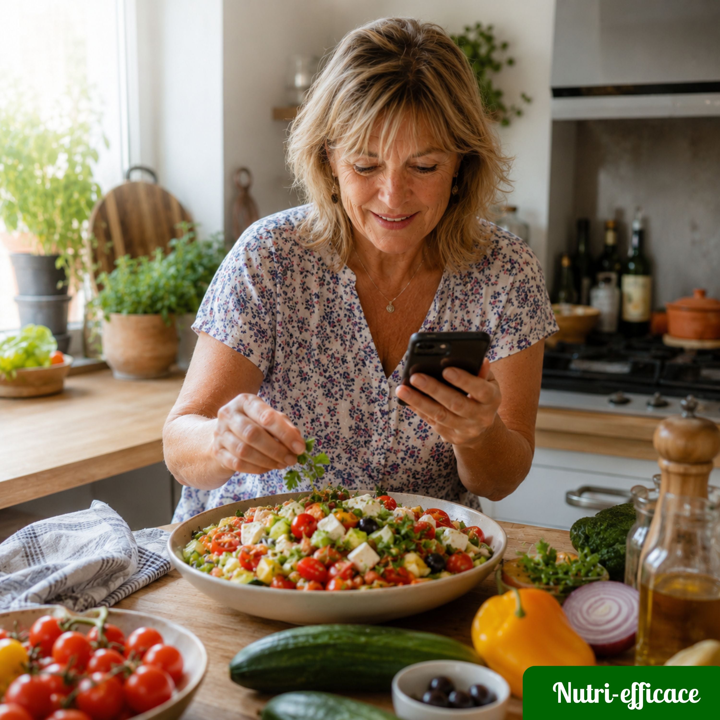 Femme en cuisine préparant une salade composée équilibrée tout en consultant une recette sur son téléphone.