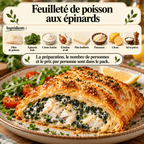 Feuilleté doré au poisson blanc et aux épinards, coupé pour montrer sa garniture crémeuse.