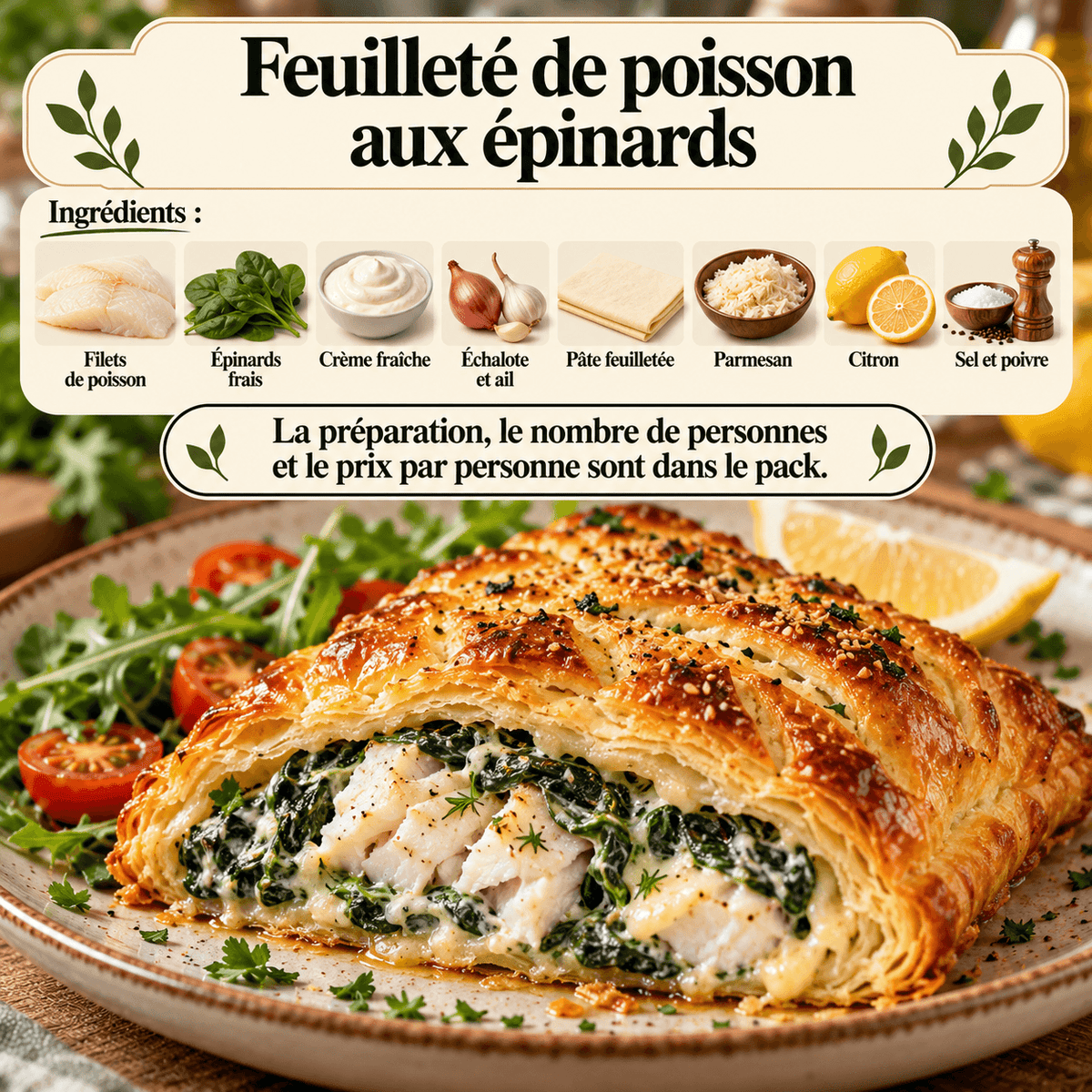 Feuilleté doré au poisson blanc et aux épinards, coupé pour montrer sa garniture crémeuse.