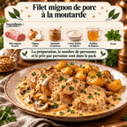 Filet mignon de porc tranché, nappé d'une sauce crémeuse à la moutarde et accompagné de pommes de terre.