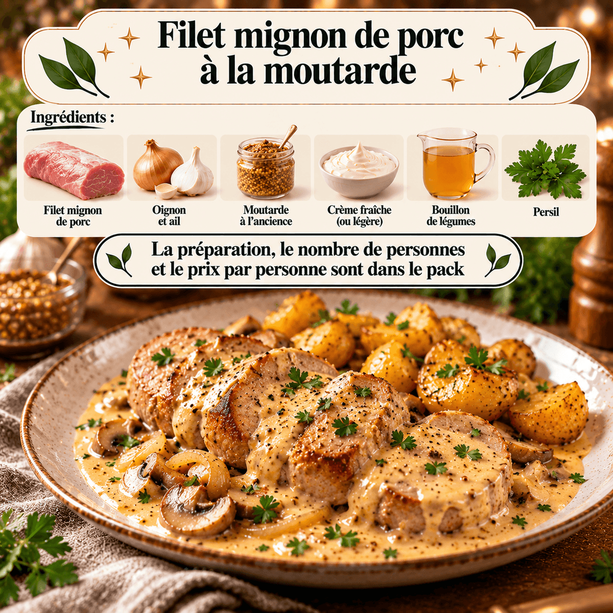 Filet mignon de porc tranché, nappé d'une sauce crémeuse à la moutarde et accompagné de pommes de terre.