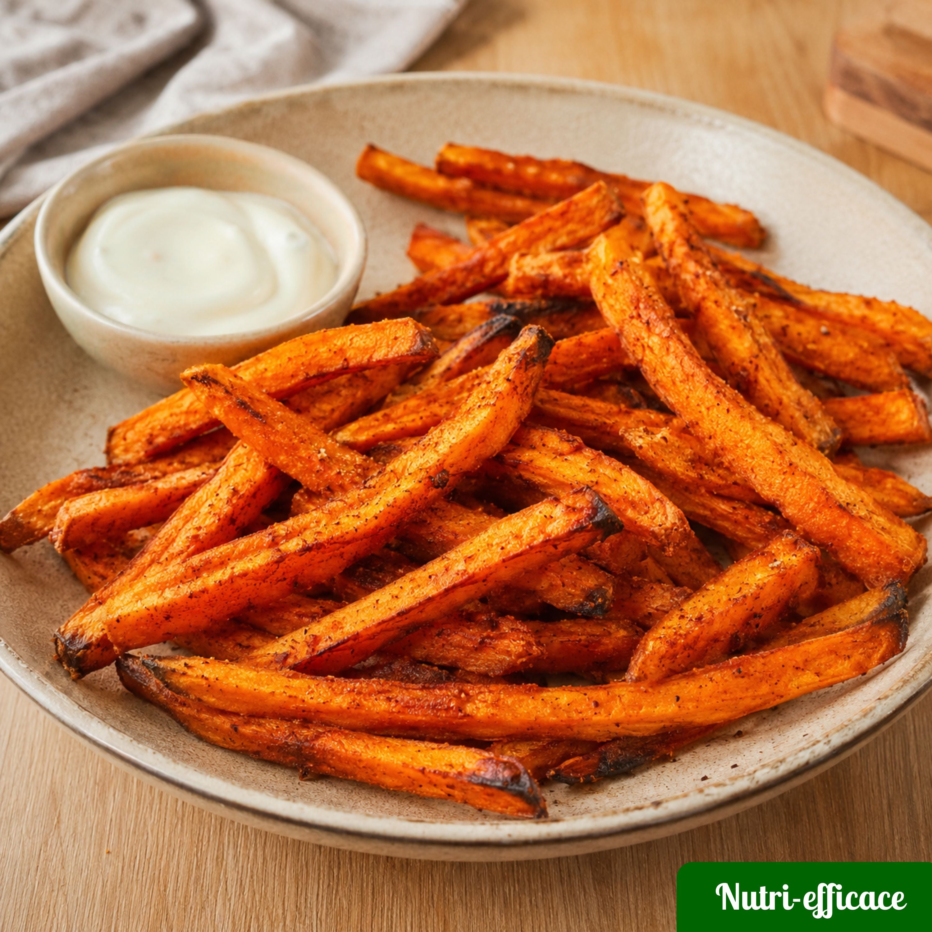 Frites de patate douce croustillantes préparées à l’air fryer avec sauce légère, recette facile à la friteuse sans huile.